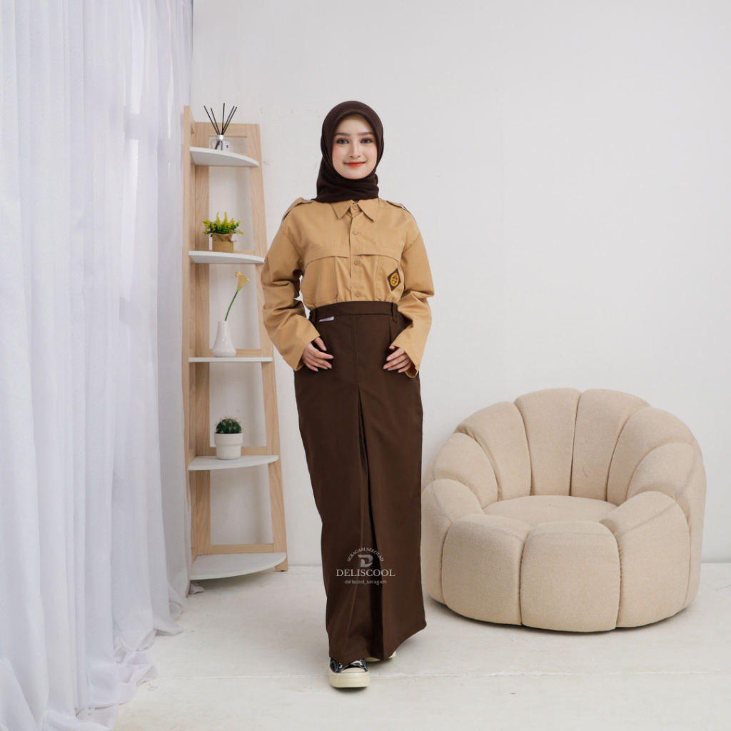 Deliscool Seragam SMA Rok Panjang Span Coklat Belah Satu - Seragam Pramuka - Baju Seragam - Rok Span
