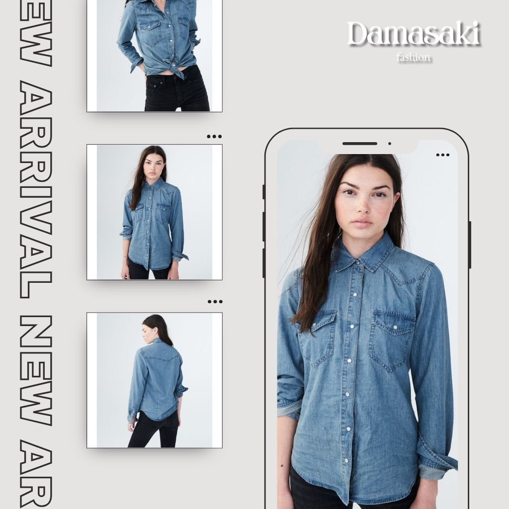 Damasaki Kemeja Wanita Lengan Panjang Long Sleeve Chambray Western Woven Shirt Model Jeans Original