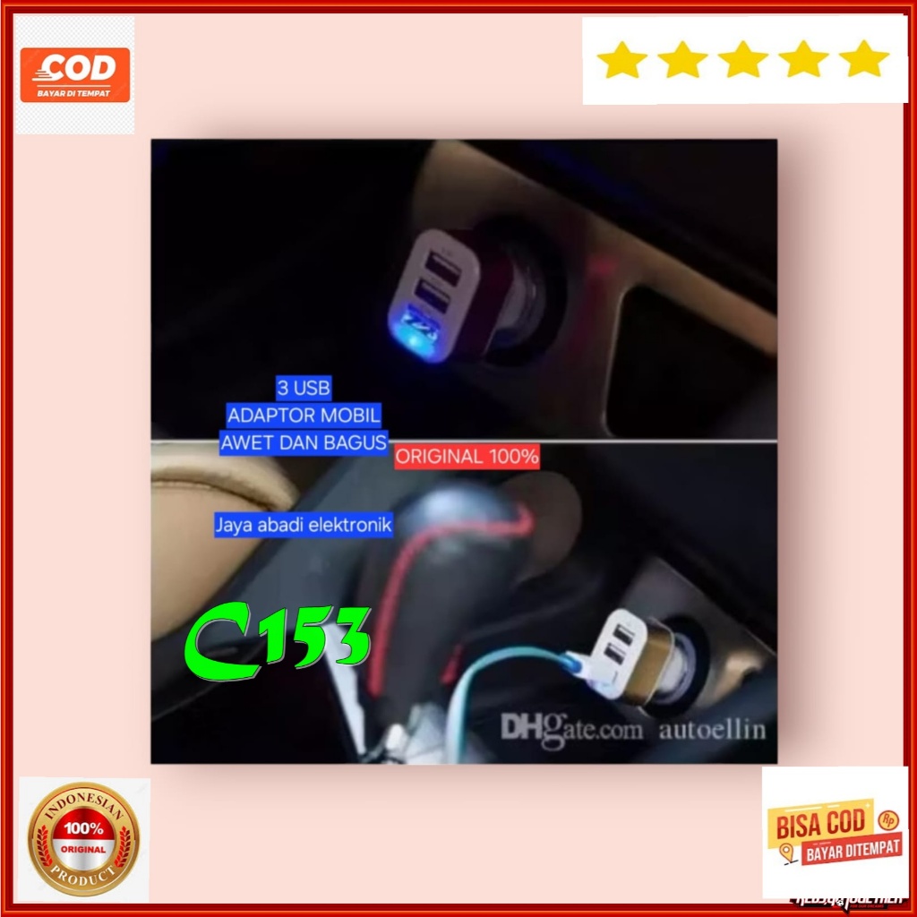 C153 ORI 100% KEPALA CAS BATOK CASAN  CAR CHARGER MOBIL 3 USB PORT USB CAR CHARGE SAVER ALAT AKI USB