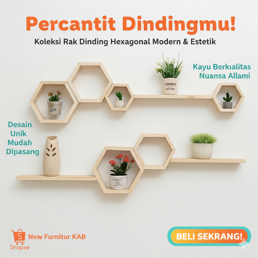 Rak Dinding Hexagonal Hiasan Dinding Aesthetic Hexagonal Kayu Pajangan Gantung Minimalis Dekorasi