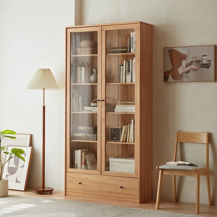 Kayukozy - Lemari Pajangan Kayu Jati Minimalis Modern — Rak Display Kaca 2 Pintu + Laci Ruang Tamu