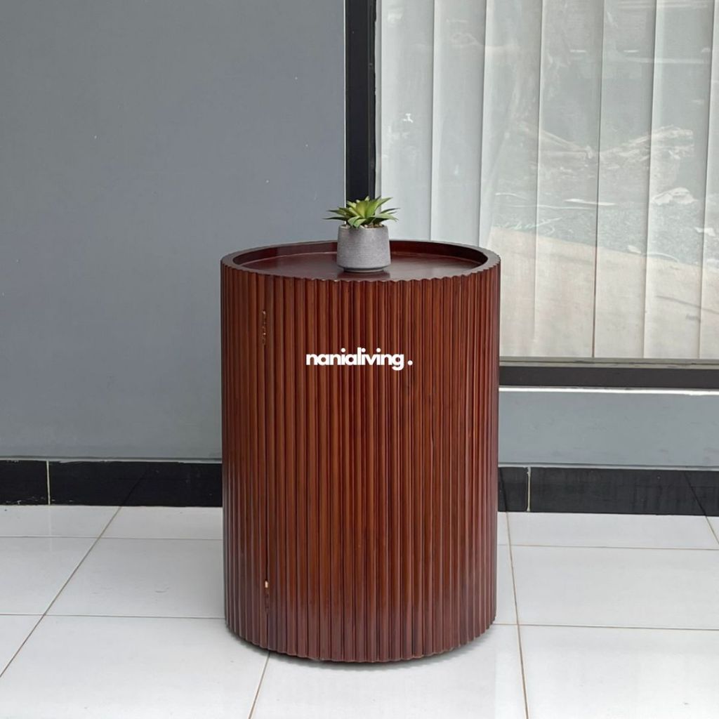 meja kecil bulat salur rangka kayu jati