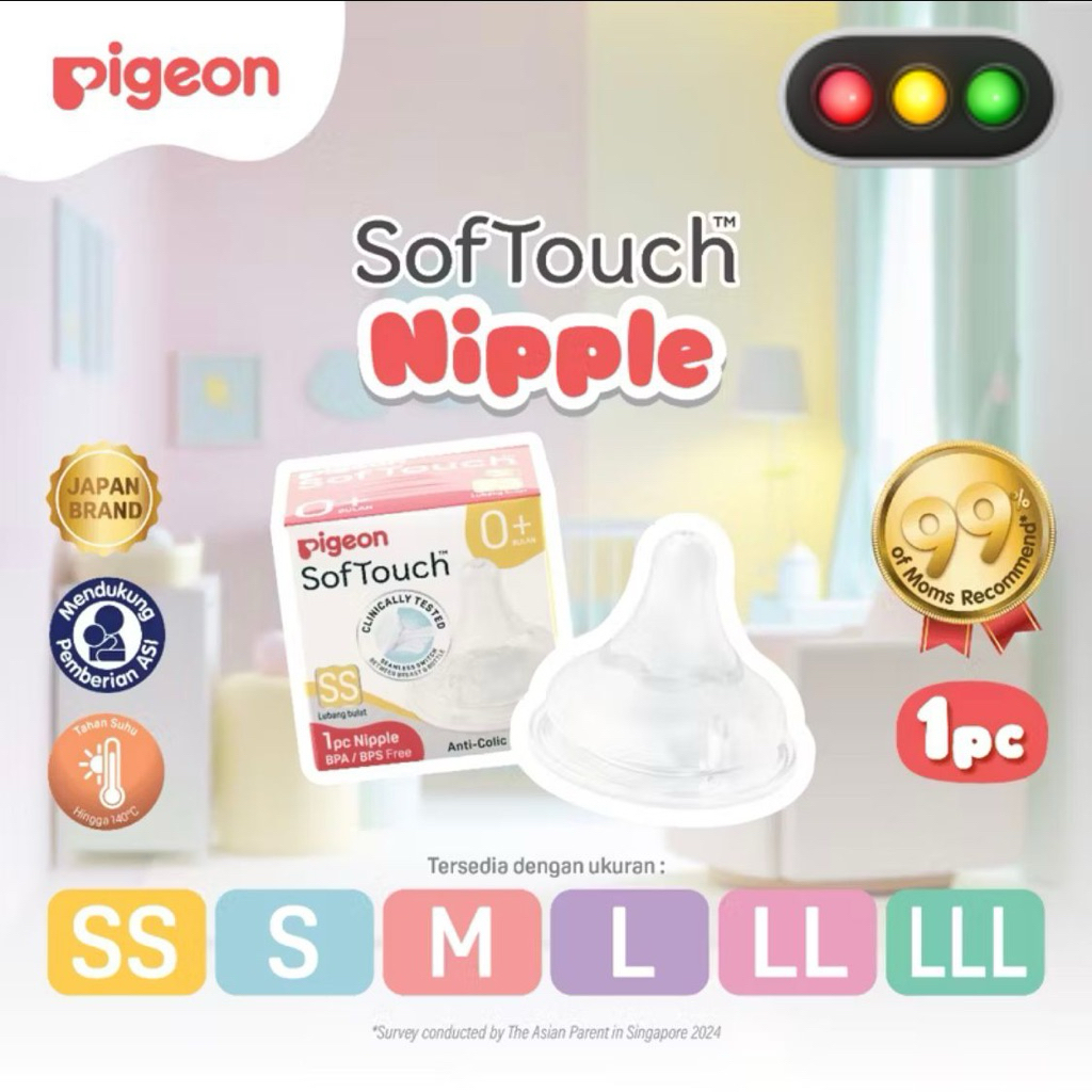 PIGEON SofTouch Nipple Dot Wide Neck - 1pc | Dot Seperti Payudara Ibu | Elastis & Lembut | Anti Koli