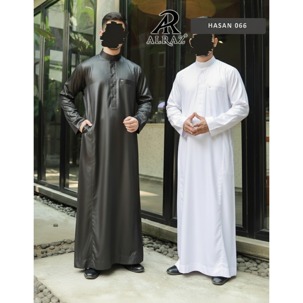 Alraz Jubah Polyester Hitam Putih Hasan – Gamis Alraz Pengan Panjang Polos Tanpa Manset Bahan Polies