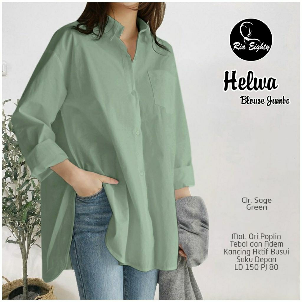 Khelwa sage green Kemeja Oversize Ld 150 bahan katun poplin / Riaeighty