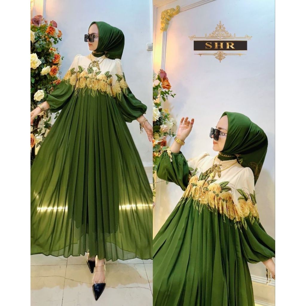 MIDI Dress gamis cruty bunga full furing mewah Shr ORI