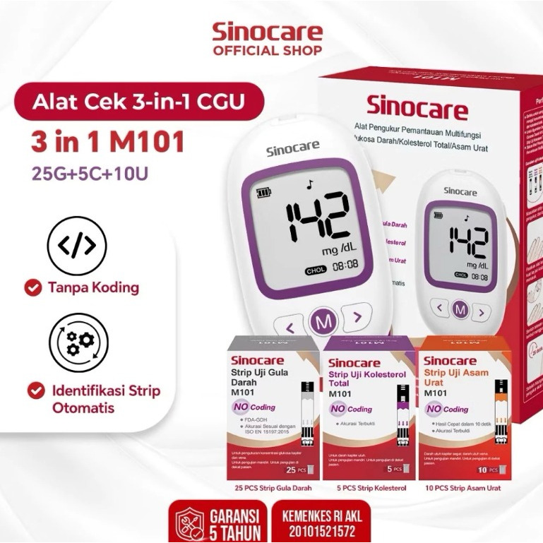 ALAT SINOCARE GCU 3IN1 ALAT CEK GULA DARAH, ASAM URAT DAN KOLESTEROL GARANSI 5 TAHUN ALKES MEDAN