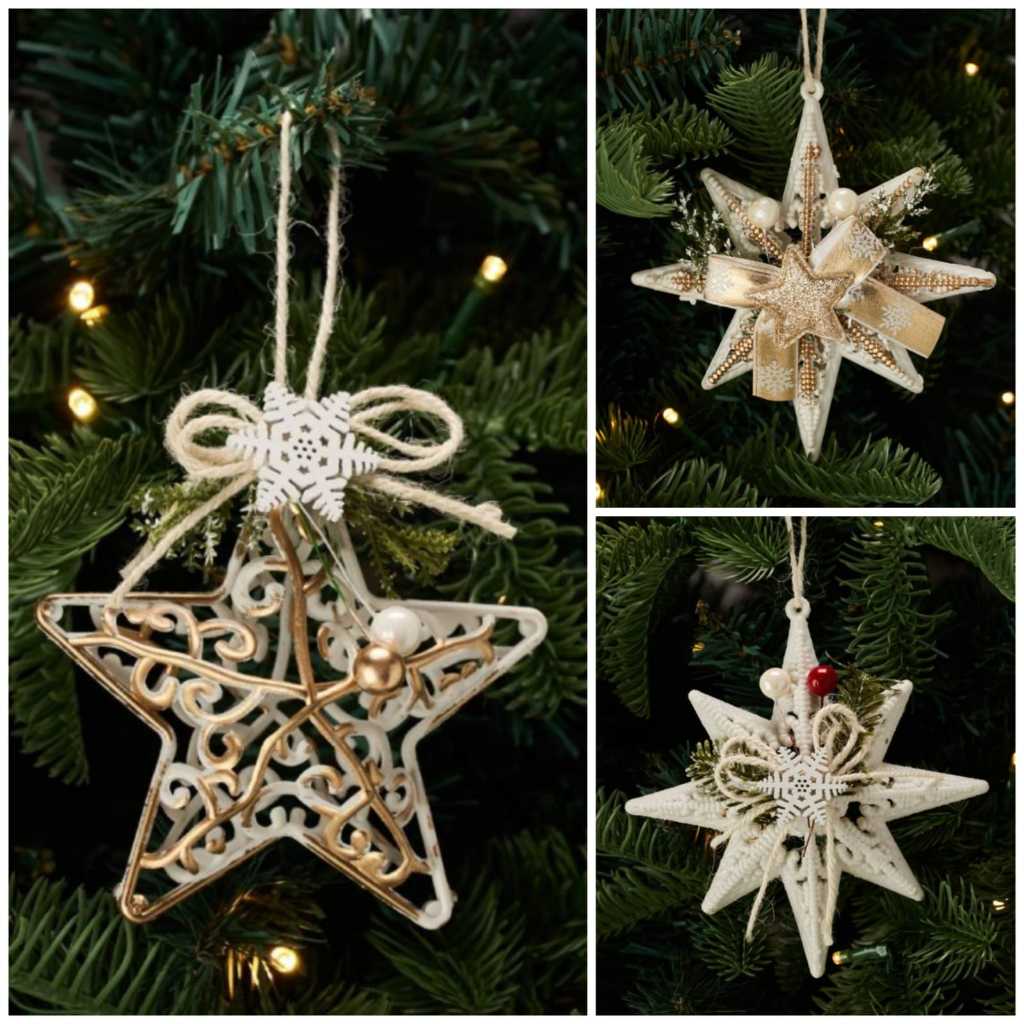 Yeraya Hiasan Pohon Natal Vintage Bintang Putih Bintang Celestial Gold Bintang Ukir Gold topper poho