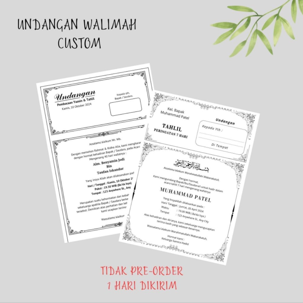 Cetak Undangan Walimah Hitam Putih | Undangan Tasyakuran | Undangan Yasin dan Tahlil | Undangan Yasi