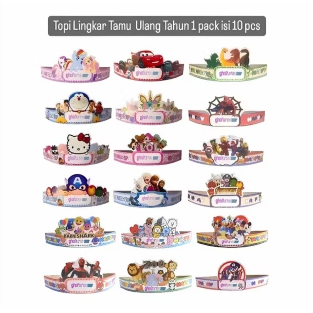 Topi Lingkar Ulang Tahun Anak Isi 10 Pcs Kertas Art Karton Tebal Desain Karakter Lucu Happy Birthday