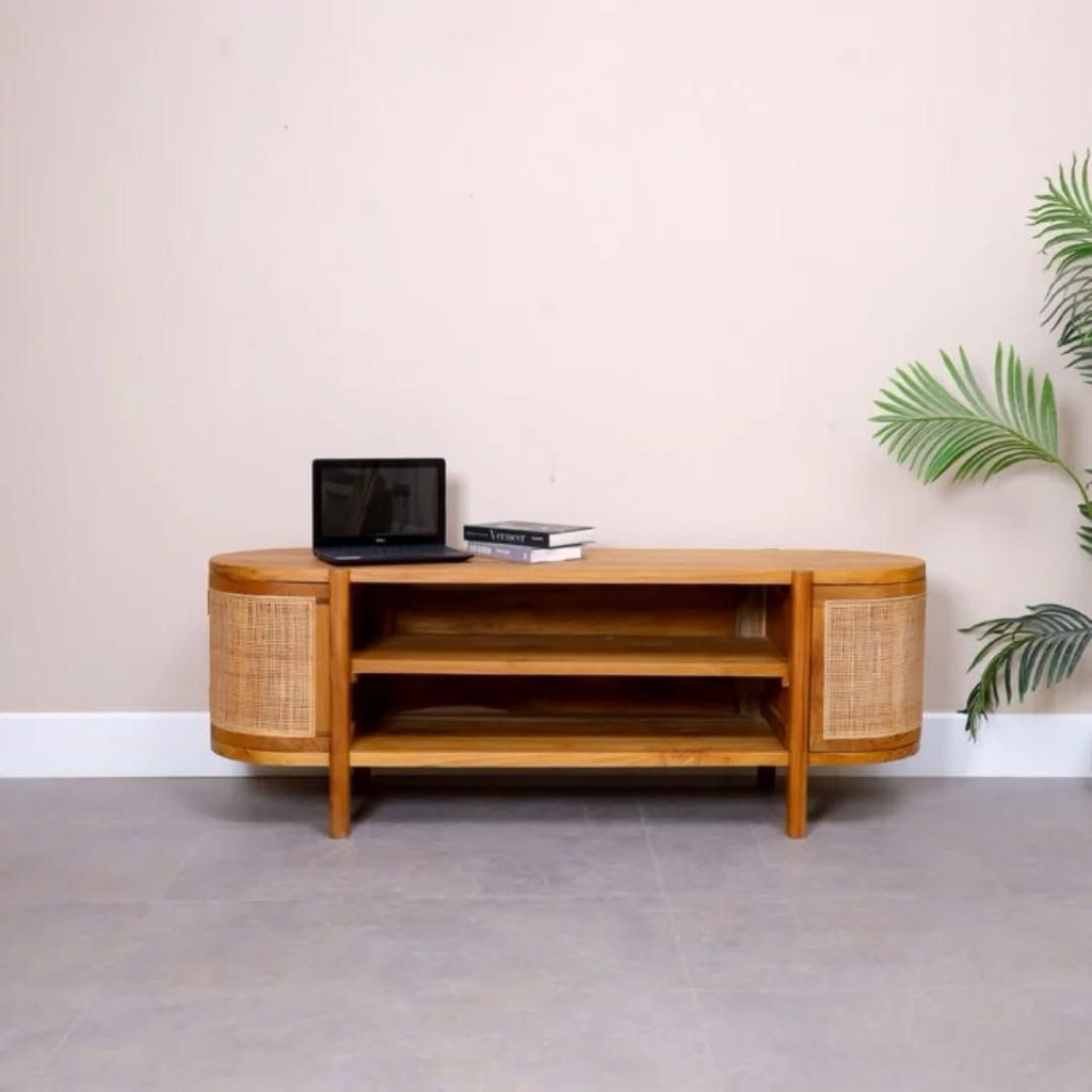Meja TV Kayu Rotan Minimalis Modern – Rak TV Serbaguna Ruang Tamu