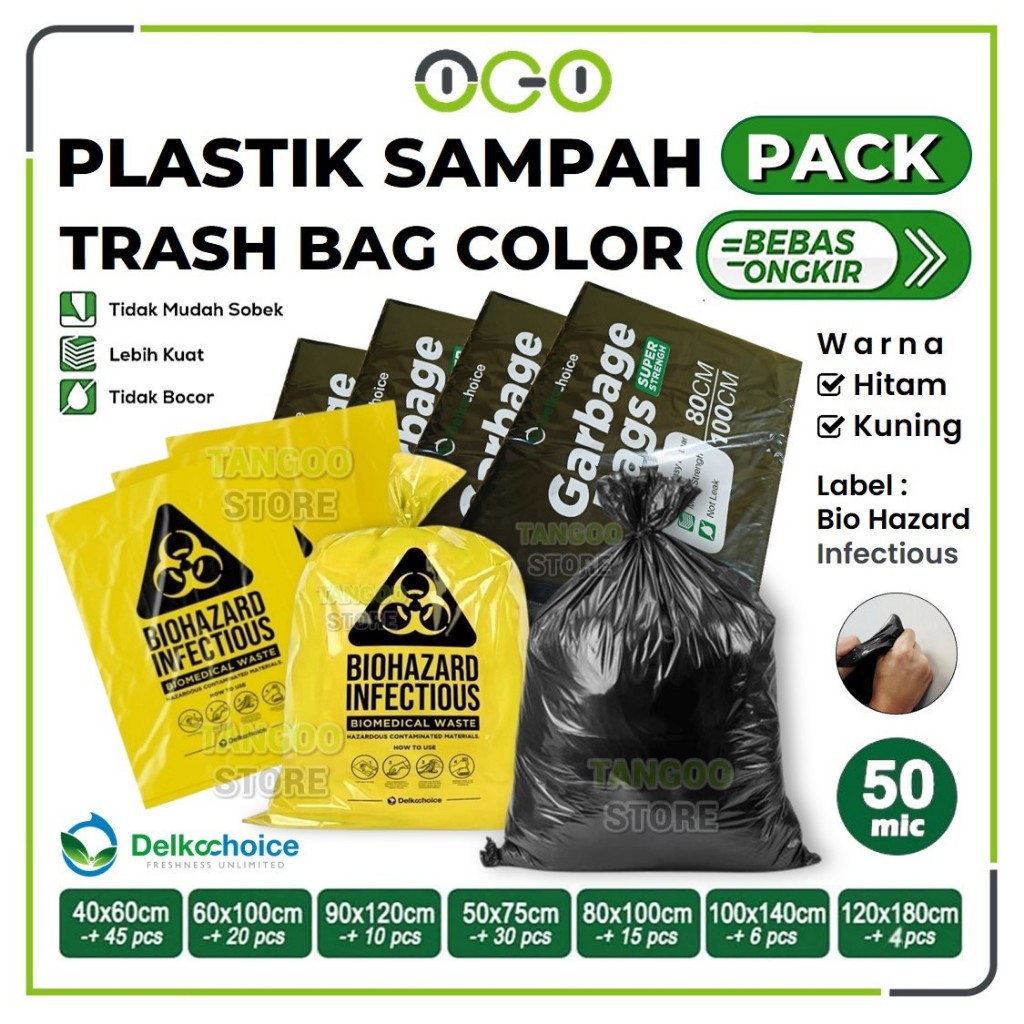 Kantong Plastik Sampah Harga Per-Pack Warna Hitam & Kuning BioHazard / Trash Garbage Bag Delkochoice