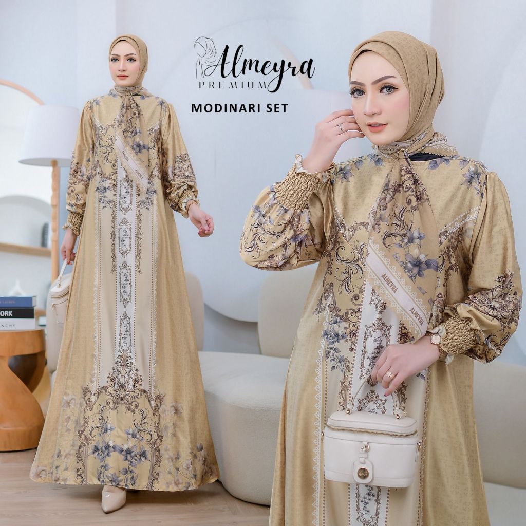 Gamis Almeyra Premium Modinari Set Dress Muslimah Syar'i Elegan Motif Bunga Eksklusif - Baju Muslim 