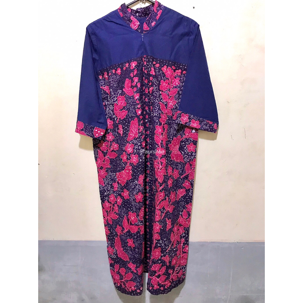 Dress Gamis Batik Floral Wanita Navy Pink