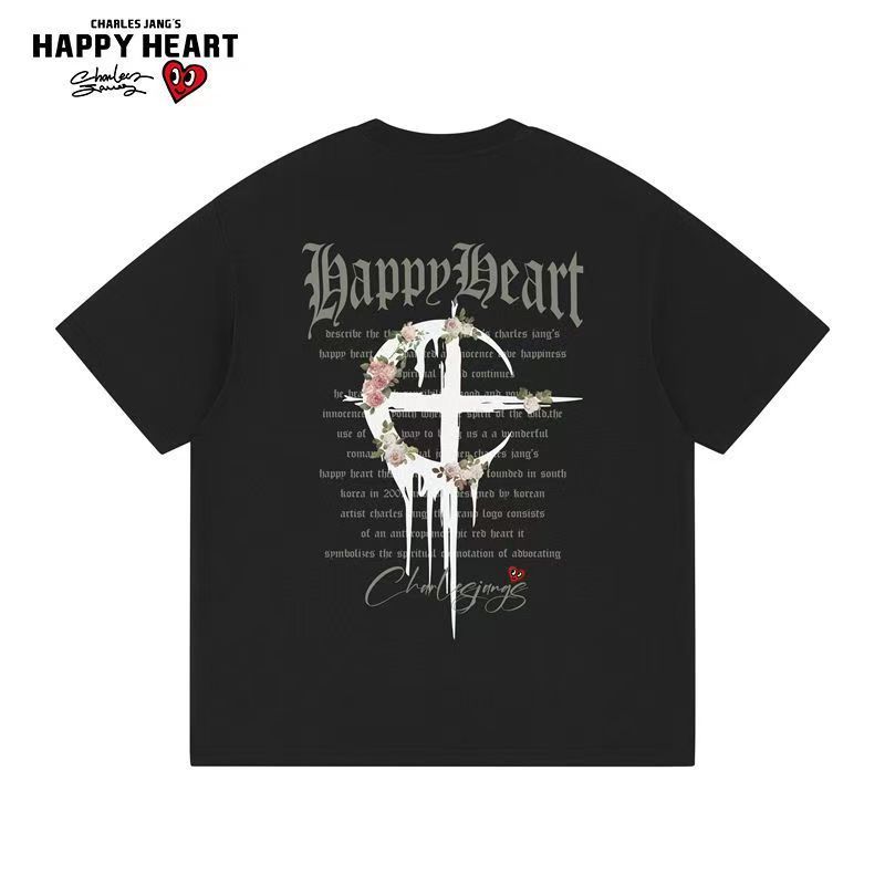 Kaos T-shirt Pendek Pria Pasangan dengan Motif Bulan Sabit dan Salib Gaya Amerika Charles Heart, Mus