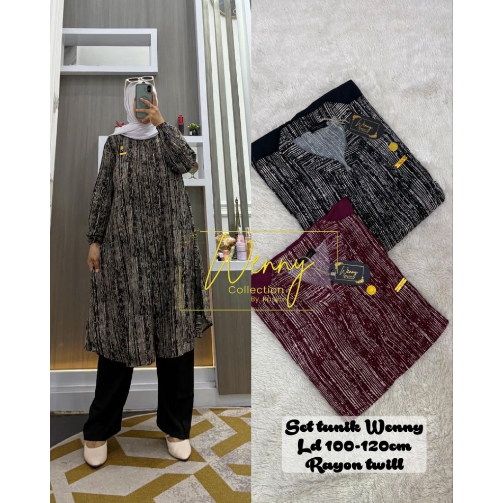 SETELAN LONG TUNIK RAYON MOTIF ABSTRAK GARIS TWILL WENNY