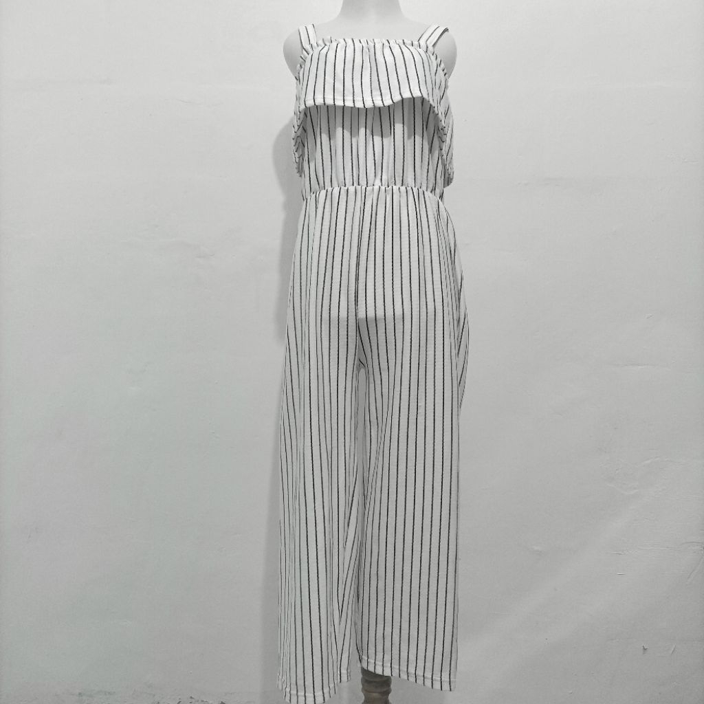 Jumpsuit Wanita Salur Putih Panjang | Jumpsuit Tali Bahu Casual Preloved Elegan