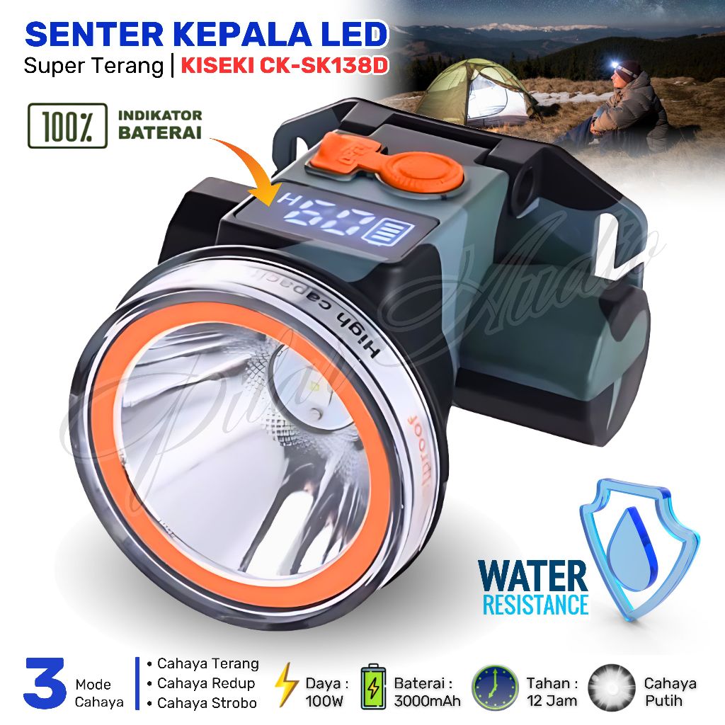 Senter Kepala 100W / 50Watt LED KISEKI CK-SK199D  - CK-SK138D | Headlamp Diving Cahaya Putih Super T