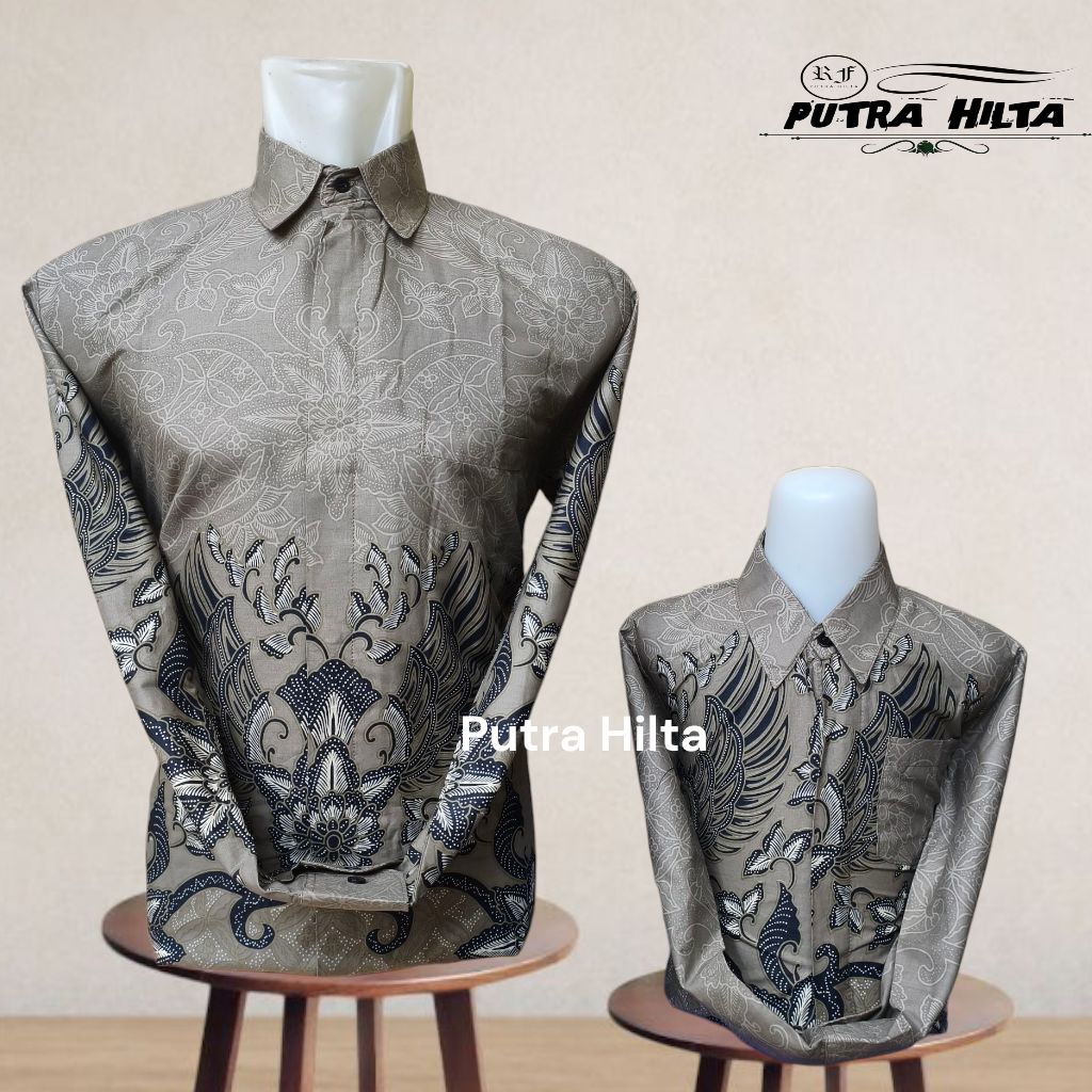New Arrival Kemeja Batik Abu Mocca Couple Ayah Dan Anak Laki Laki Bahan Katun Lapis Furing Motif Ele