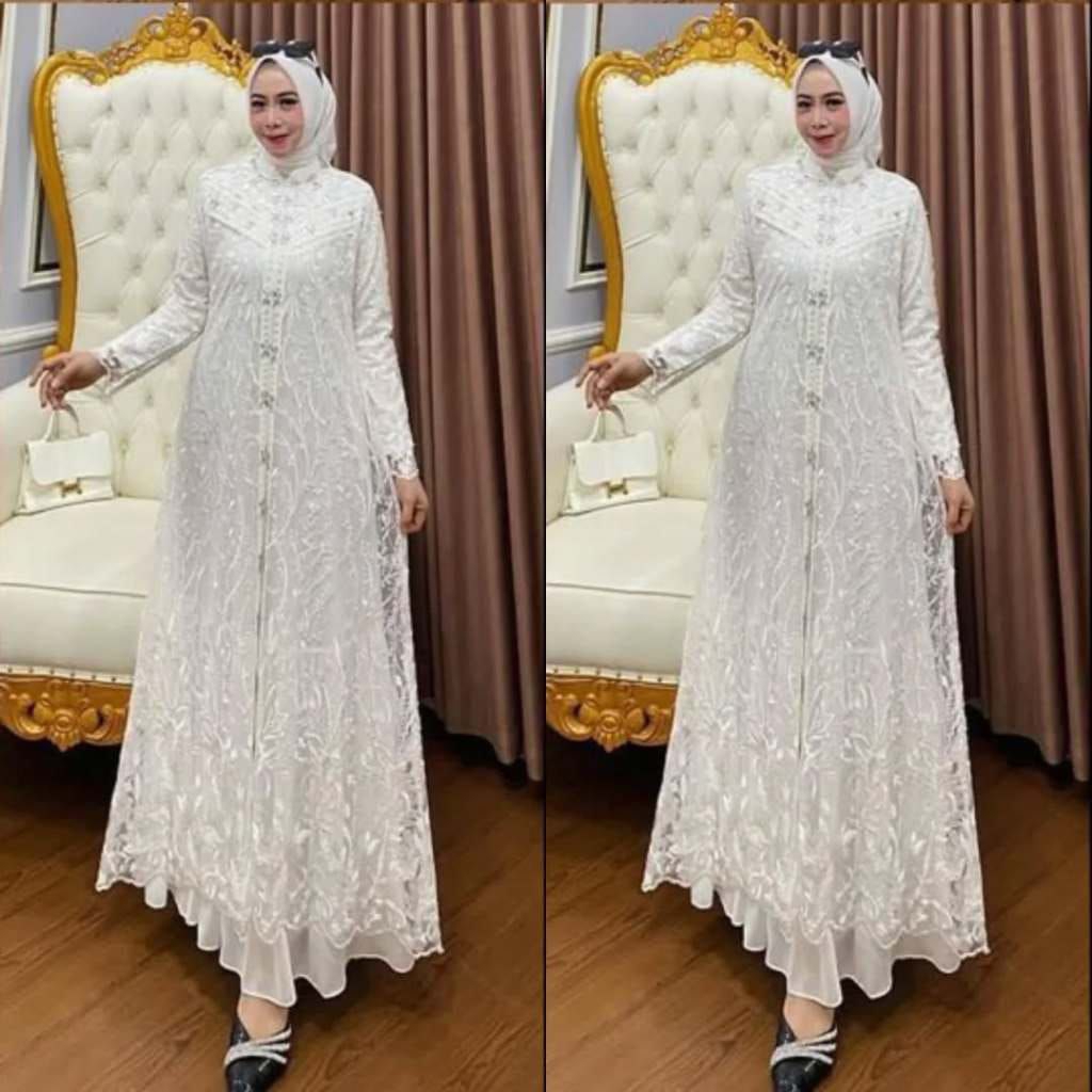 baju wanita muslimah modern bahan ceruty bebydoll mix burkat COD gamis pesta muslimah modern one set