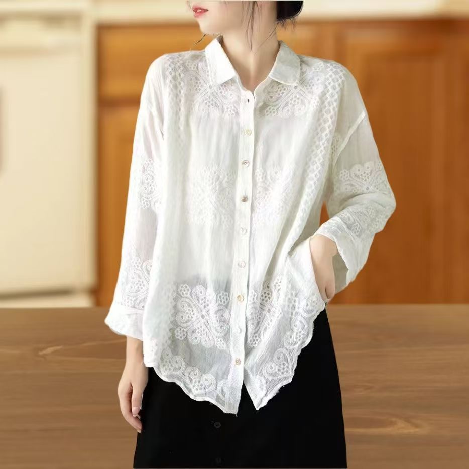 Kemeja Sifon Bordir Kerah Boneka Slim-fit - Atasan Kemeja Lengan Panjang