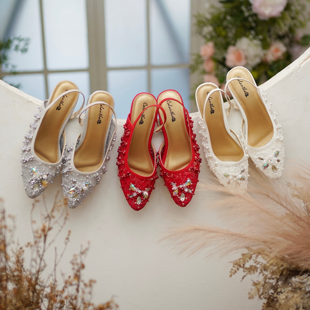Deu_Calantha Sepatu Pesta Wanita Wedding Shoes Berpayet Reffina Heels Blok 5 Cm Berbahan Brokat Inso
