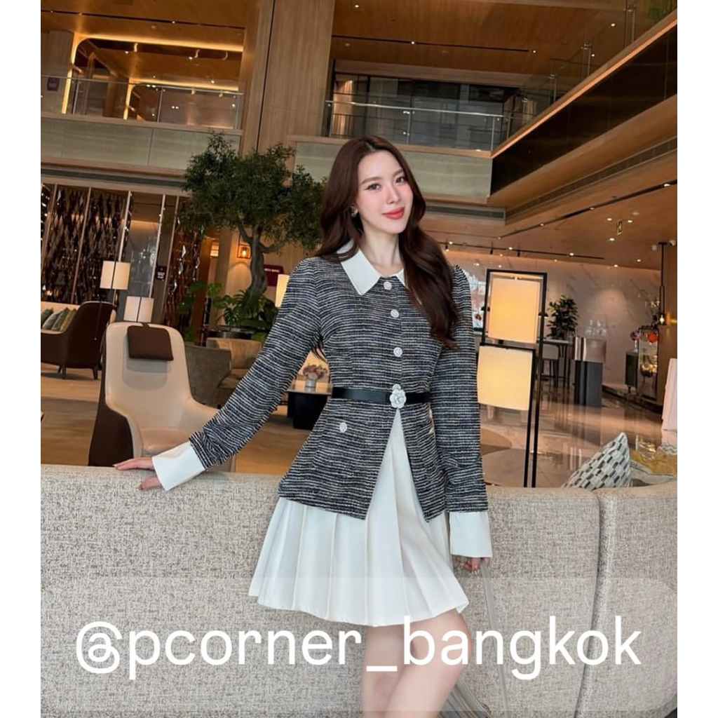 PO, TIDAK READY Set Long Sleeved Tweed Top, Belt & Pleat Skirt #NO REFUND NO EXCHANGE#
