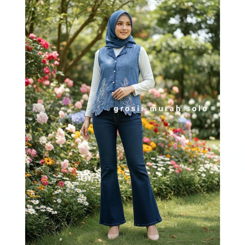 Rompi Vest Jeans Wanita Bordir Bunga Terbaru