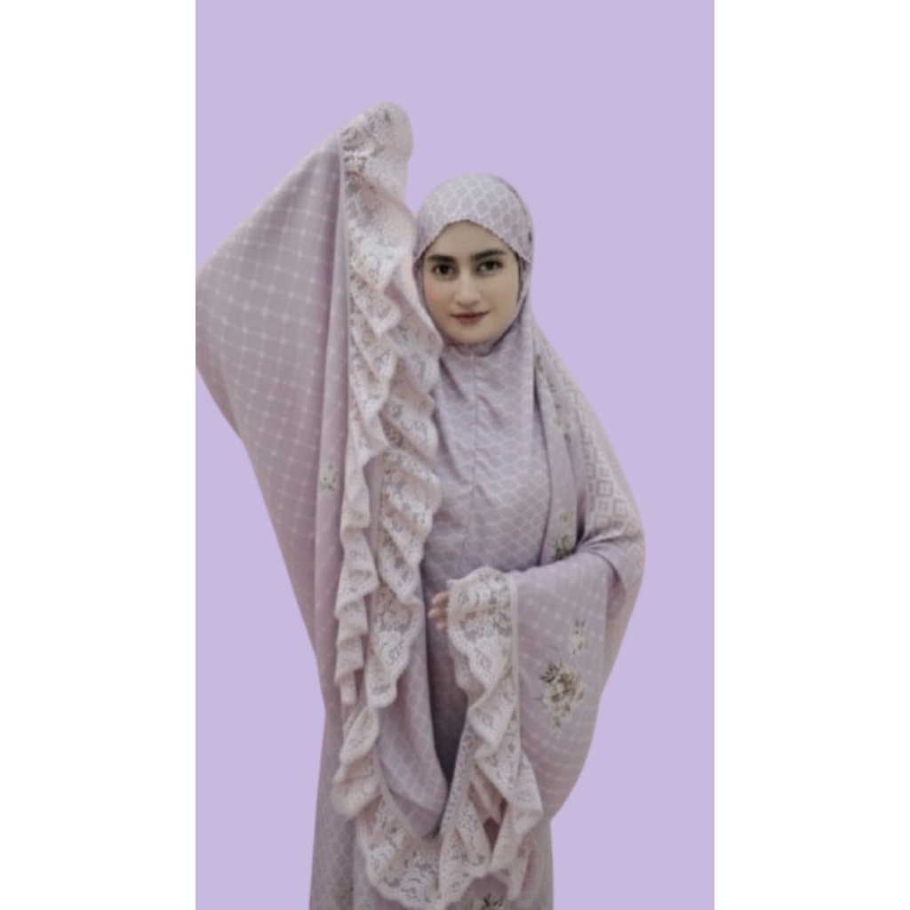 Mukena Armani Silk Premium Renda Motif J Warna Ungu Muda