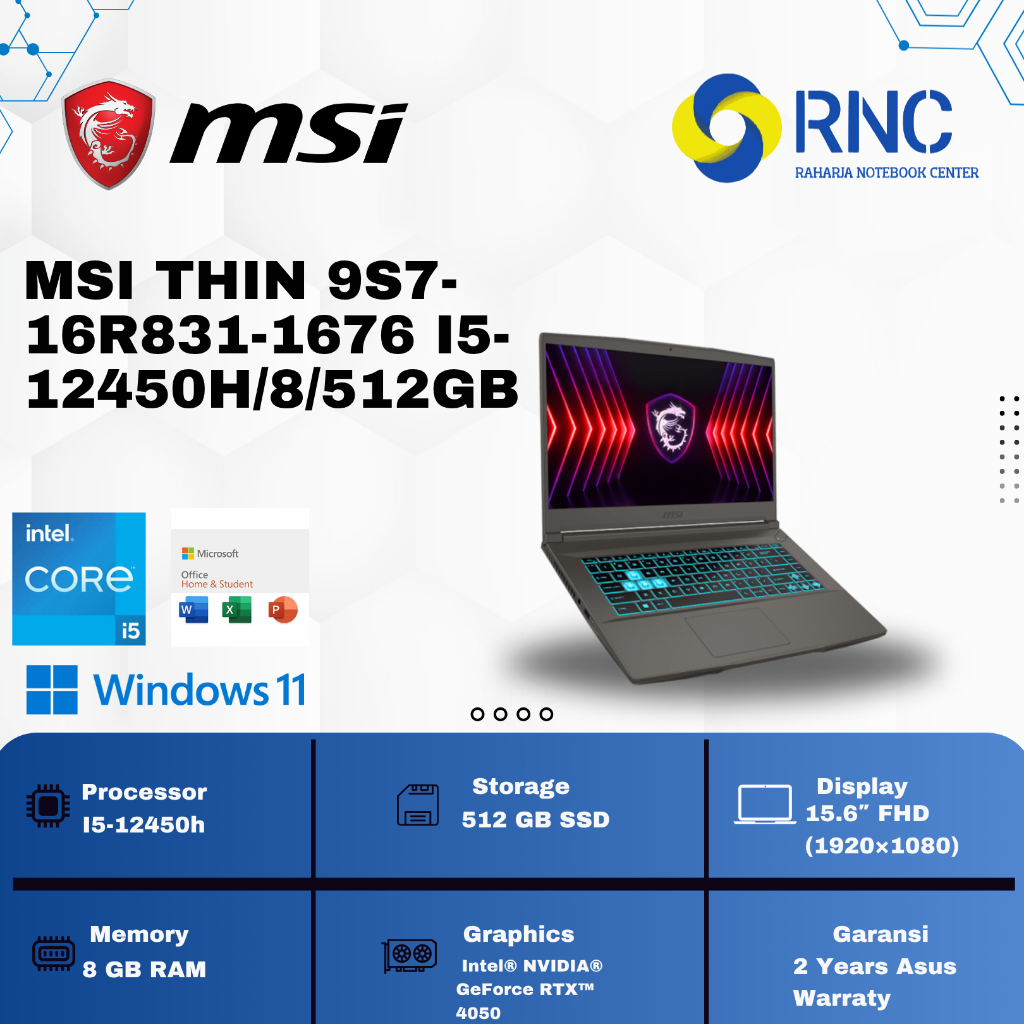 Laptop MSI Thin 9S7-16R831-1676 | Intel Core i5-12450H | RAM 8GB | SSD 512GB | Gaming