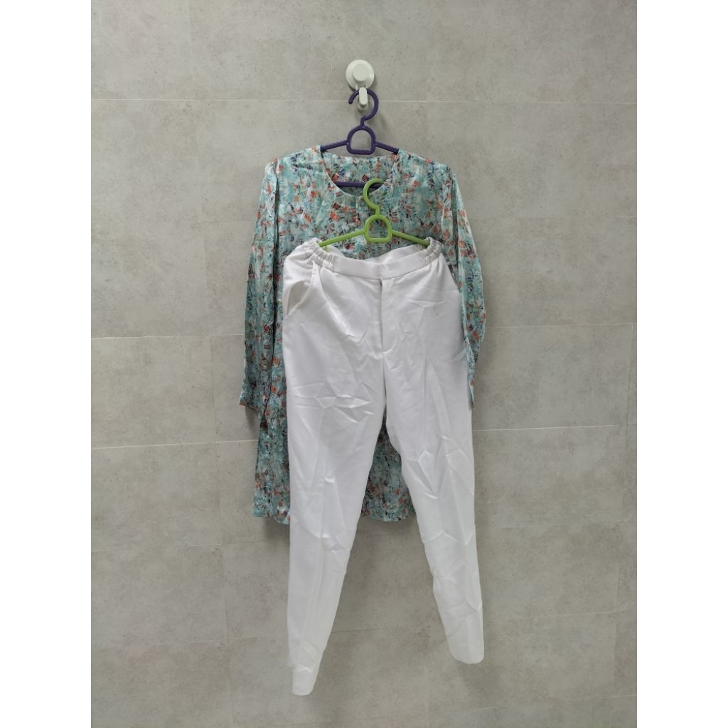preloved set atasan bawahan satin silk blouse tunik celana panjang tosca putih white wanita setelan 