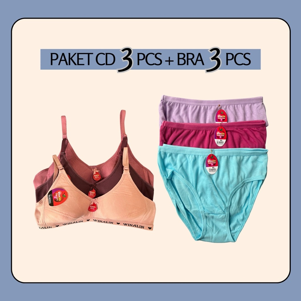 Paket 3 Pcs CD + 3 PCS Bra Celana Dalam Dan Sport Bra Wanita Katun Lembut 3 Pasang Set CD BH Cewek R