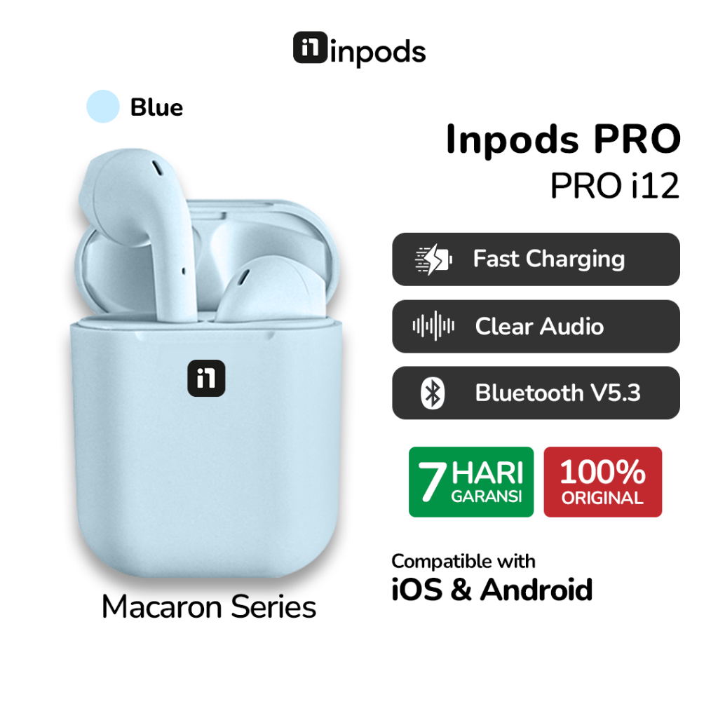 InPods Pro i12 Blue Macaron TWS Headset Bluetooth Wireless Earphone Macaron Series i12 Android iOS