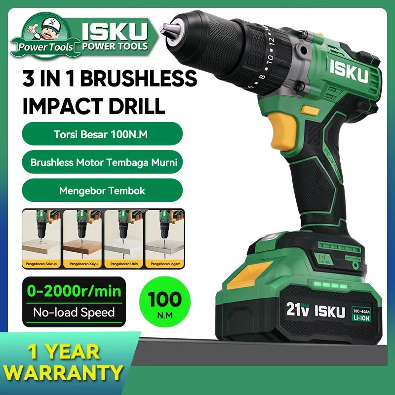 ISKU 21V Brushless Lithium Mesin Bor Impact Drill 100N.M Torsi Besar Tangan 3IN1Bor Listrik Cordless
