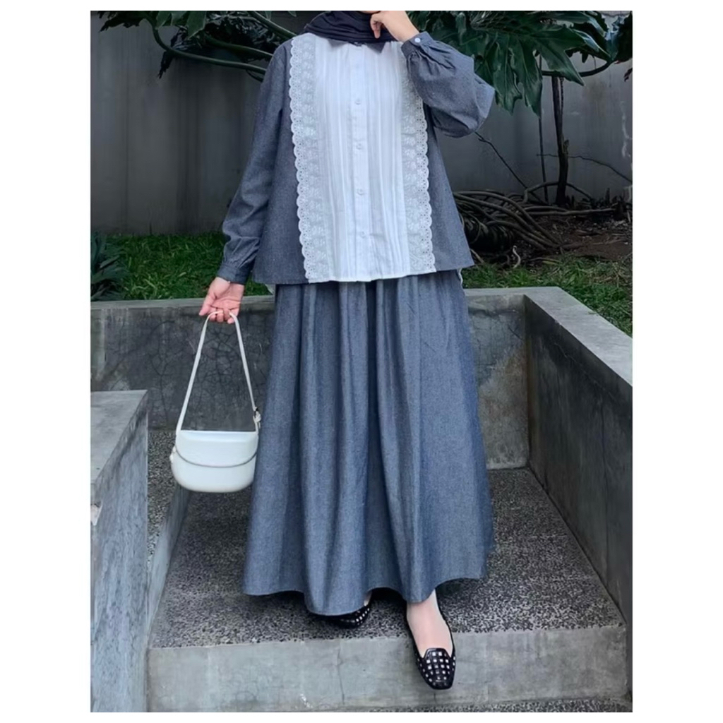 set katun linen denim kne set rok dan kemeja