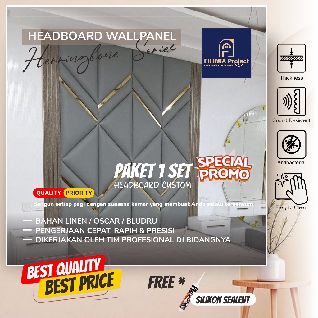 Fihiwa - Headboard Wallpanel 3D 180x250cm Herringbone | Custom Headboard Sandaran Tempat Aesthetic T