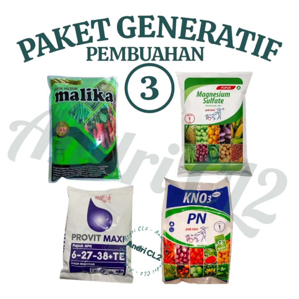 pupuk PAKET GENERATIF/PEMBUAHAN 3 untuk tanaman CABAI, produk 4 pcs, malika 1kg+ magnesium sulfat + 