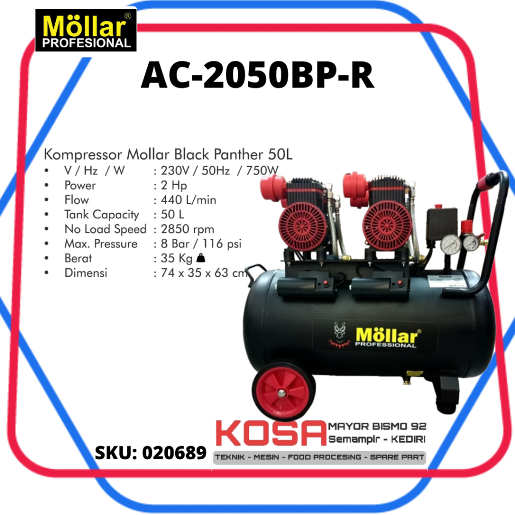 MOLLAR AC 2050BP Kompresor Oilless 50L 2Hp Mollar Kompresor Silent 50L Mollar Kompresor Tanpa Oli Mo