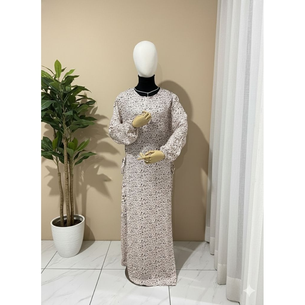 Gamis Rayon Viscose Motif dan Nyaman  Muslimah, Model Busui Friendly Tali Samping Tangan Balon