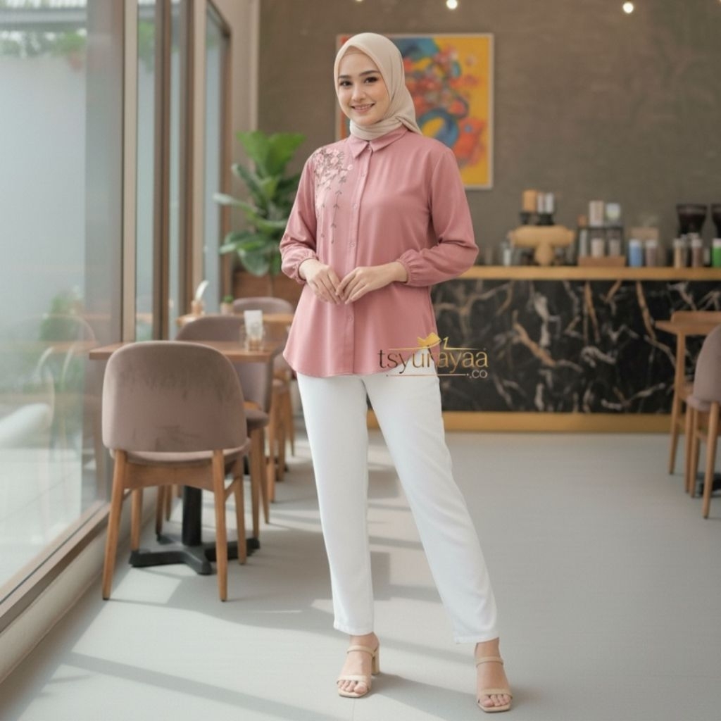 Atasan Wanita Blouse Bordir Motif Bunga - Kemeja Wanita Rayon Twill Premium