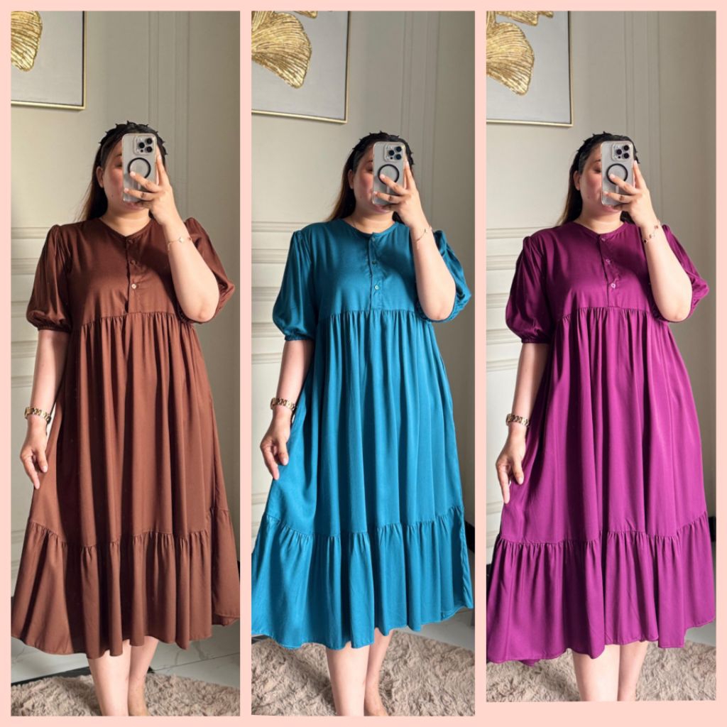 Yunita dress twil/ dress polos ruffle lengan pendek/ dress katun twill polos rempel pendek cokelat M