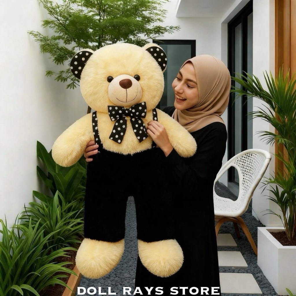 Boneka Teddy Bear JOJON Beruang Overall Jumbo 90CM Hitam Cream