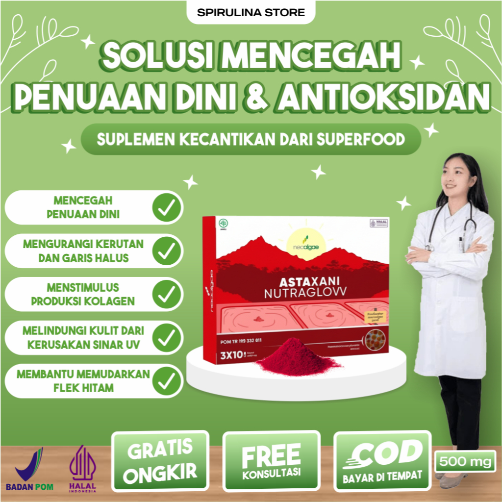 ORIGINAL 100 % Astaxani Nutraglow Suplemen Astaxanthin 10mg Multivitamin Alami Mencegah Penuaan Dini