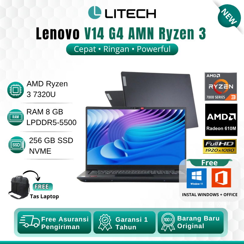 Promo Laptop Lenovo V14 G4 AMN Ryzen 3 7320u RAM 8GB SSD 512GB AMD Radeon Layar 14" FHD + FREE INSTA