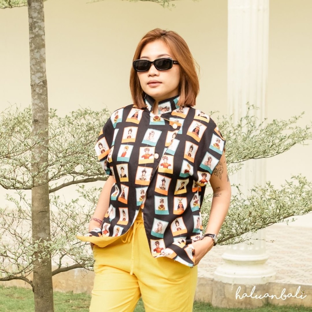 Blouse Janggan Wanita HaluanBali - Kerah Shanghai Motif Photocard Eksklusif - Bahan Katun Organik Pr