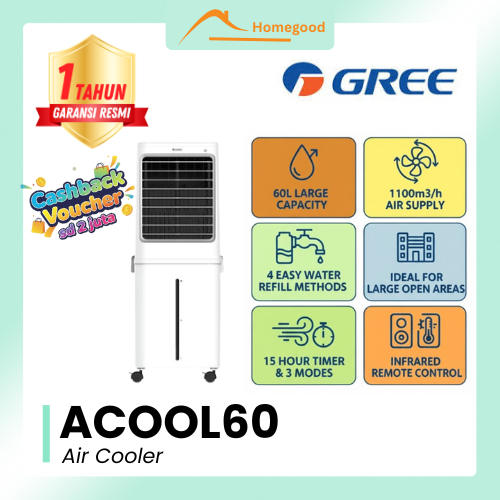 GREE ACOOL60 Air Cooler • 60 L Humidifier Honeycomb + Pra‑Filter • Remote Touchscreen Hemat Listrik