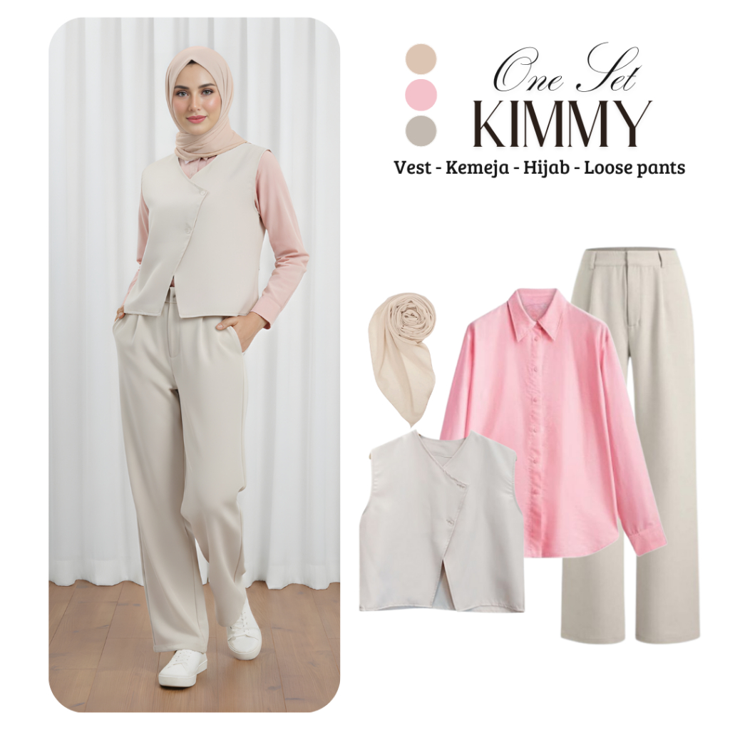 Kimmy One set Wanita Casual Set 4in1 (Kemeja Pink ,Vest Kimmy Ivory , Jennie Knit Pants Ivoiry , Bel