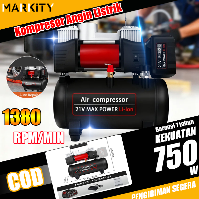 MARKITY Kompresor Angin Listrik 40L/MIN Oiless Listrik Udara Pompa Angin 750W Kompresor Mini Listrik
