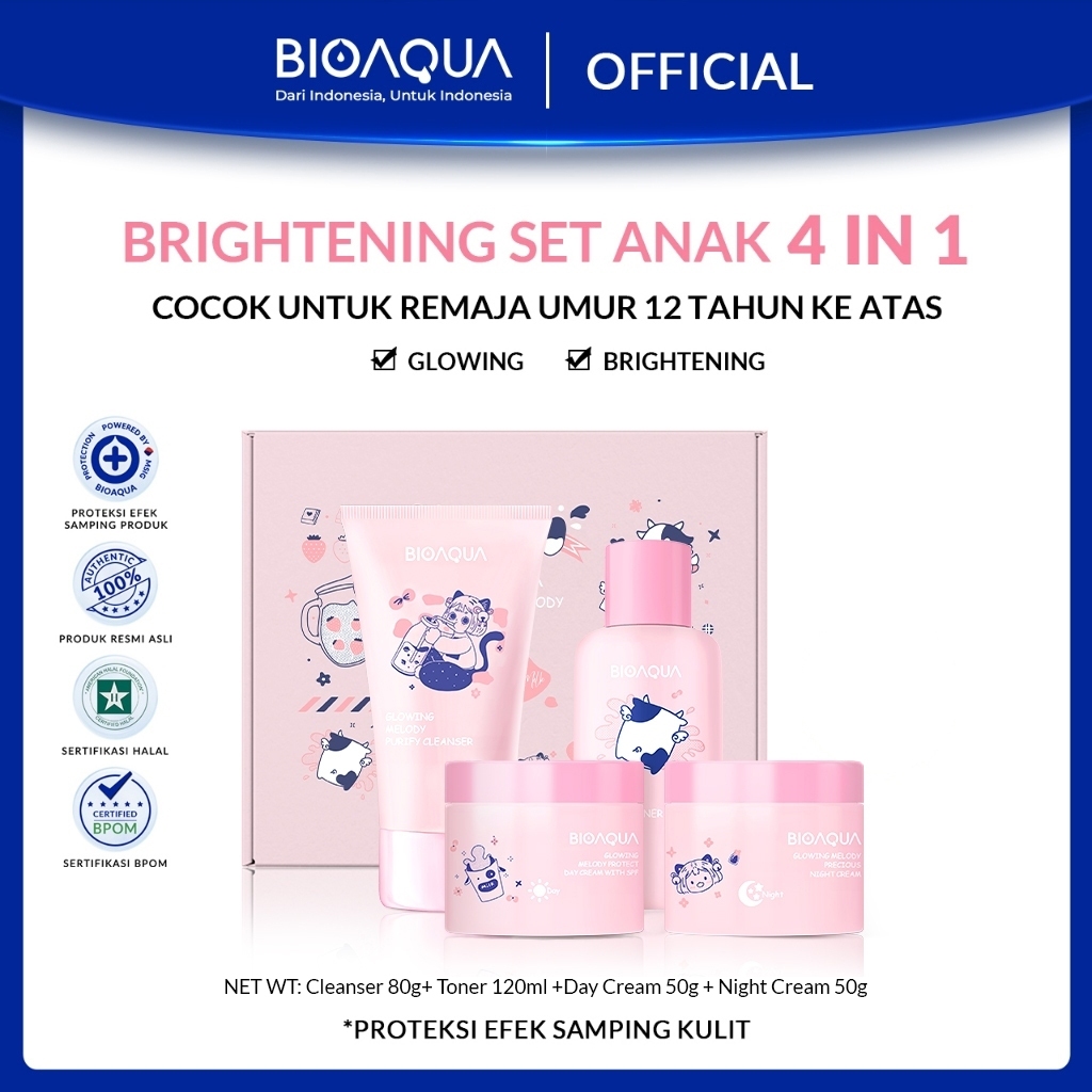 BIOAQUA Skincare Set Anak Paket 4pcs With Cleanser 80g + Toner 120ml+ Sunscreen 50g + Night  Cream 5