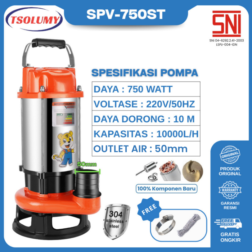Tsolumy Pompa Celup Air Kotor Bersih SPV750ST/F Outlet 50mm Daya Dorong 10Meter Mesin Pompa Kolam